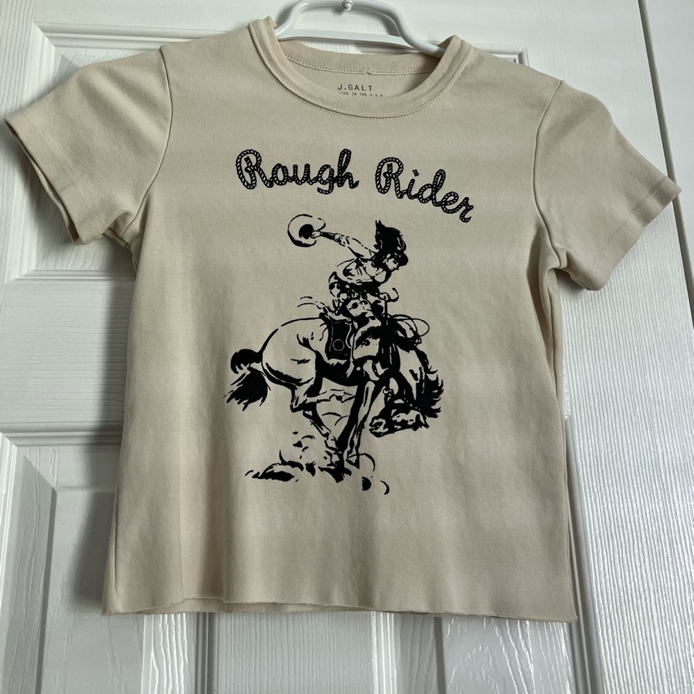 John Galt Brandy Melville Rough Riders Beige Cream Graphic Tee Crop Top One Size